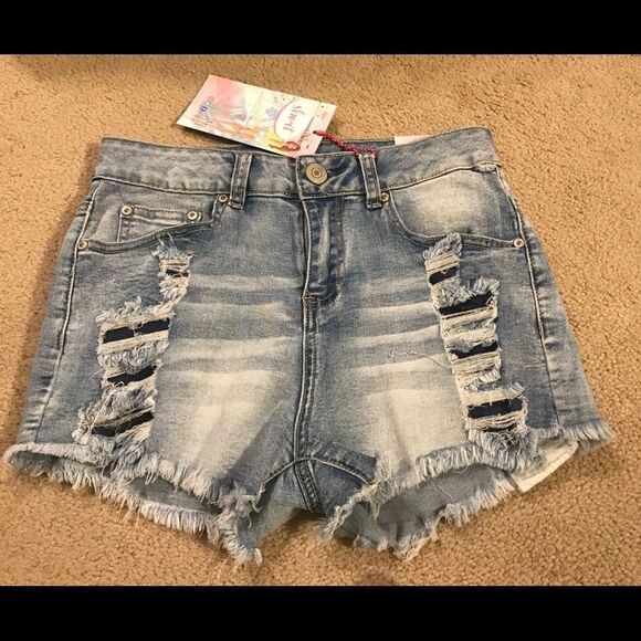 Distressed Denim High Waisted Shorts - Picture 1 of 8